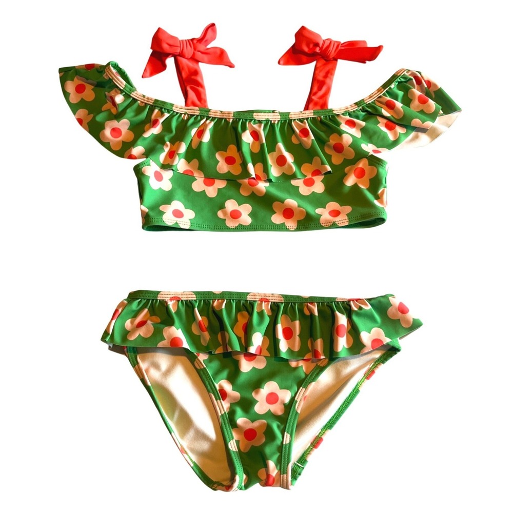 Tucker + Tate Girls Green Daisy Floral Ruffle Bikini Swimsuit Set Size 7 Cute
